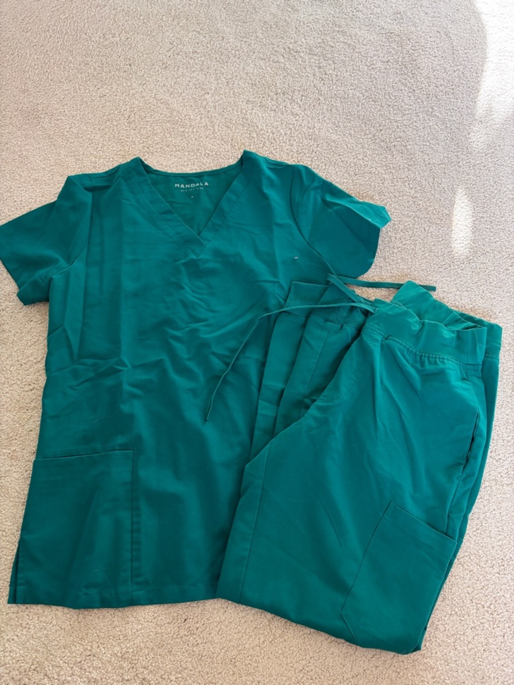Mandala Women's Hunter Green scrub top & Drawstring Green Jogger scrub Pants